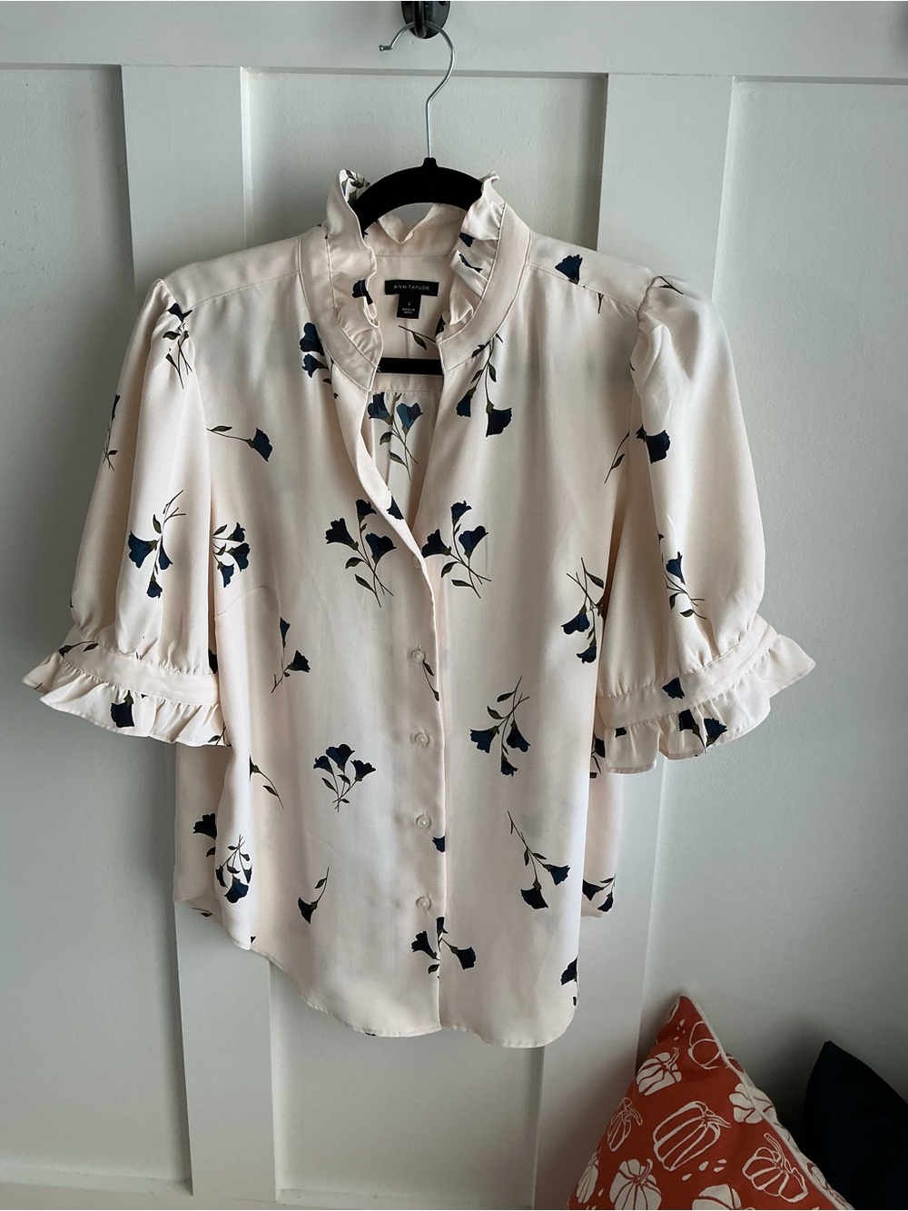 Ann Taylor Cream Blouse with Navy Floral Print